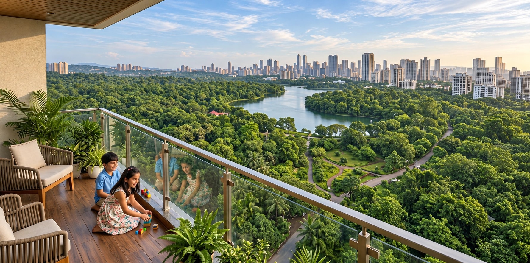 Artistic impression of a family enjoying an open balcony at Vascon Tranquil Heights