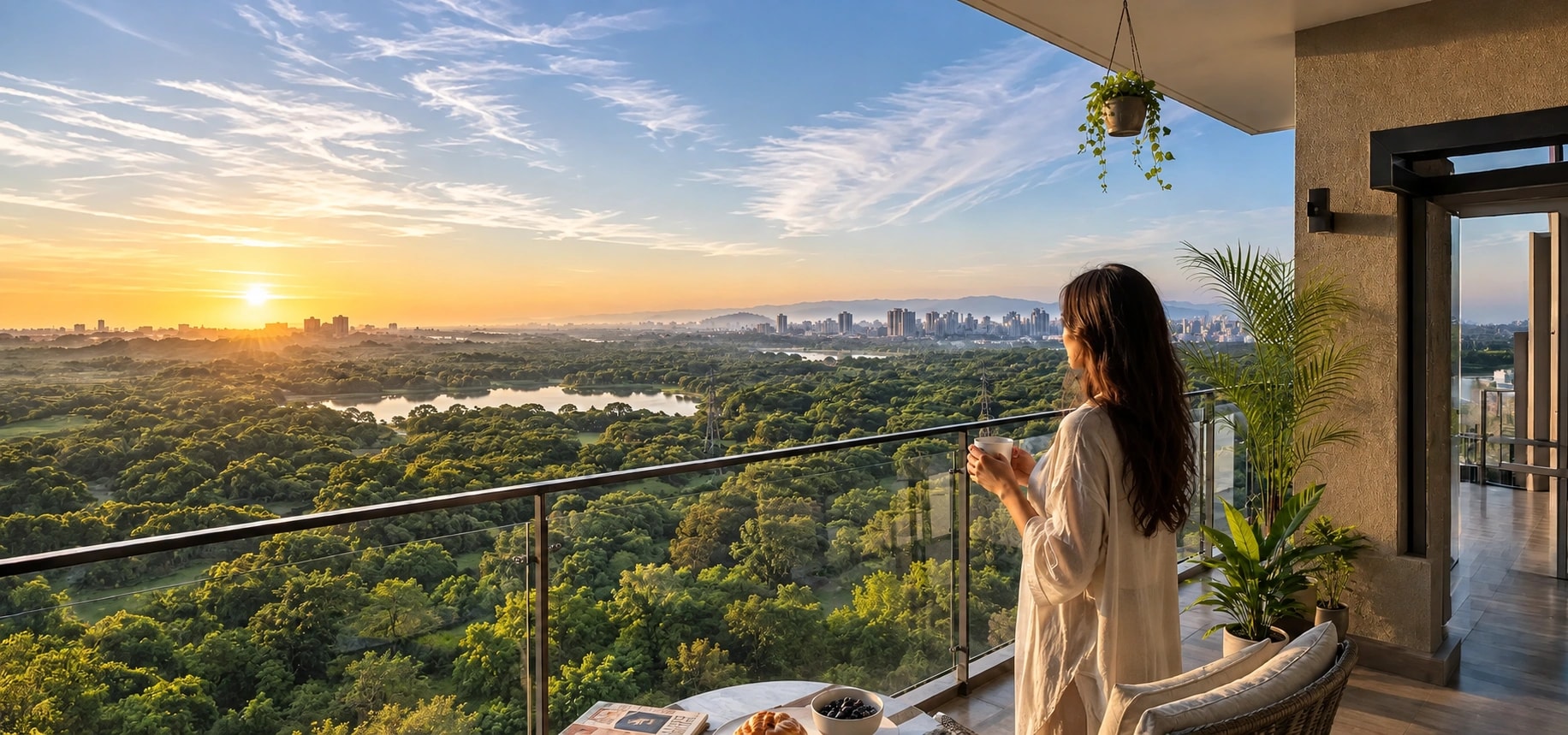 A sunset balcony overlooking the lake and greenery, an artistic impression of life at Vascon Tranquil Heights