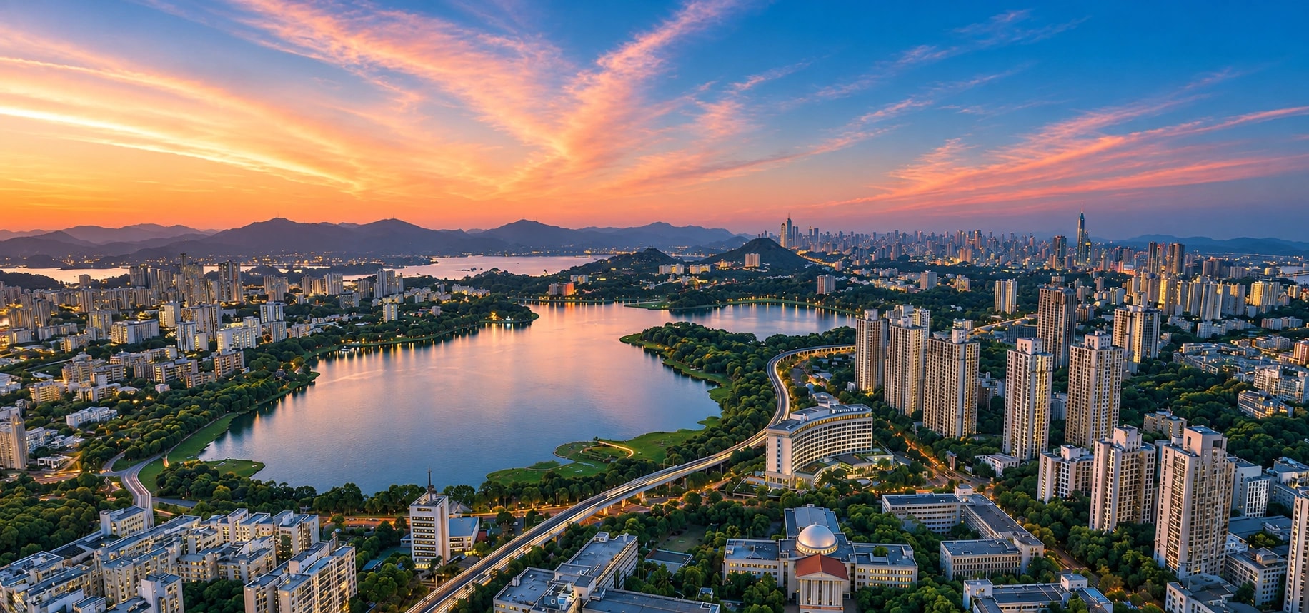 Panoramic artistic impression of Powai and its lakes at dusk