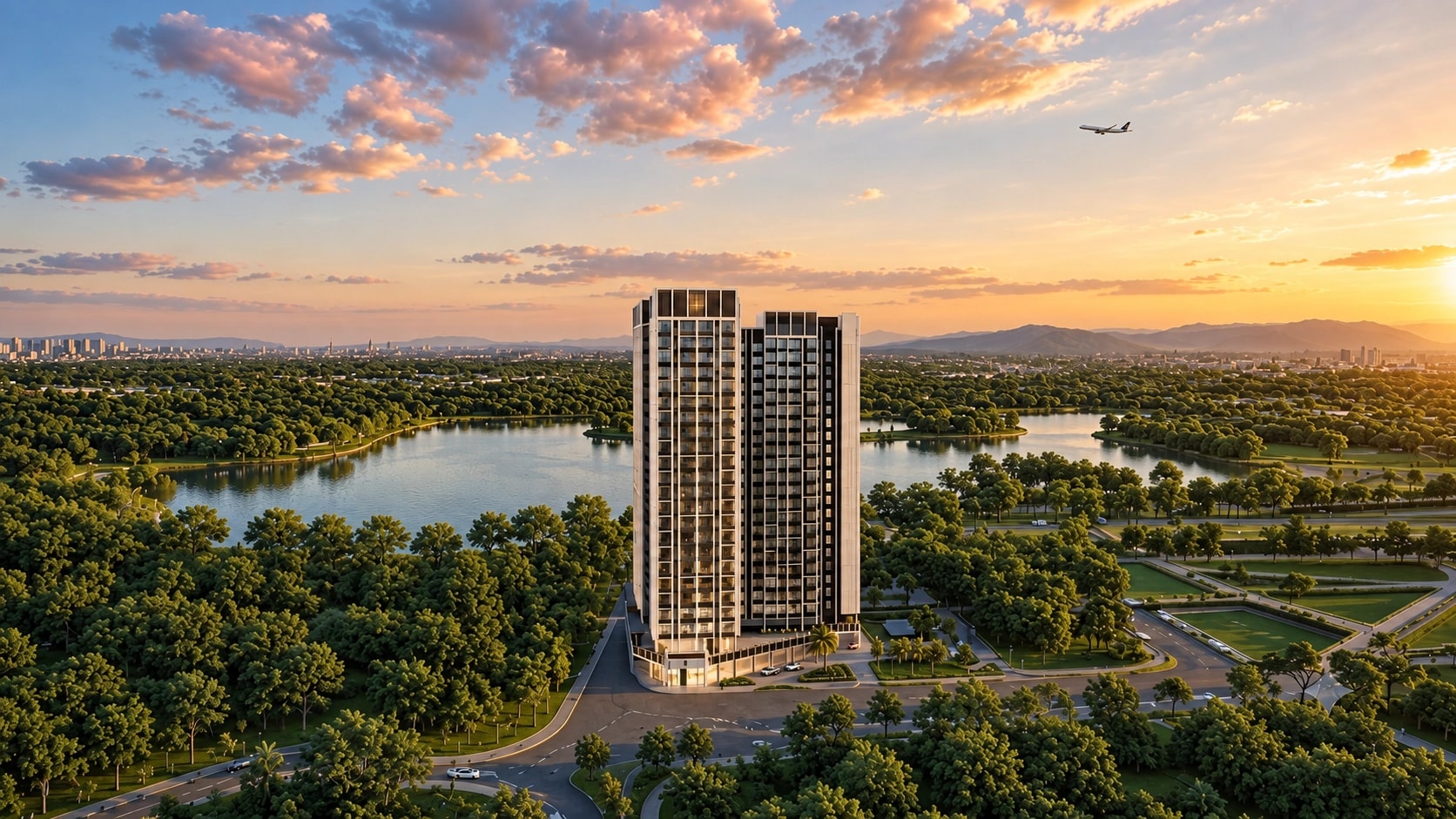 Artistic impression of Vascon Tranquil Heights amid greenery at sunset